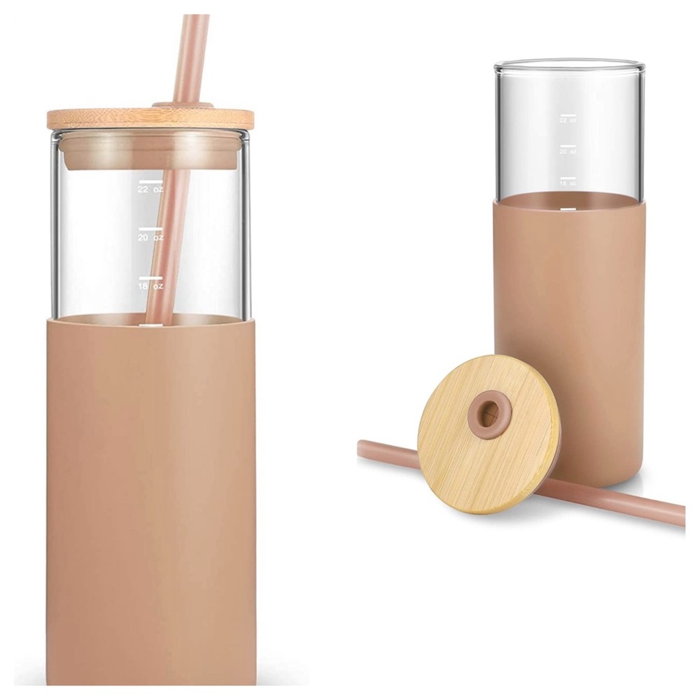 2 Piece..Tronco 24oz Glass Tumbler Water Bottle Straw Silicone Protective Sleeve